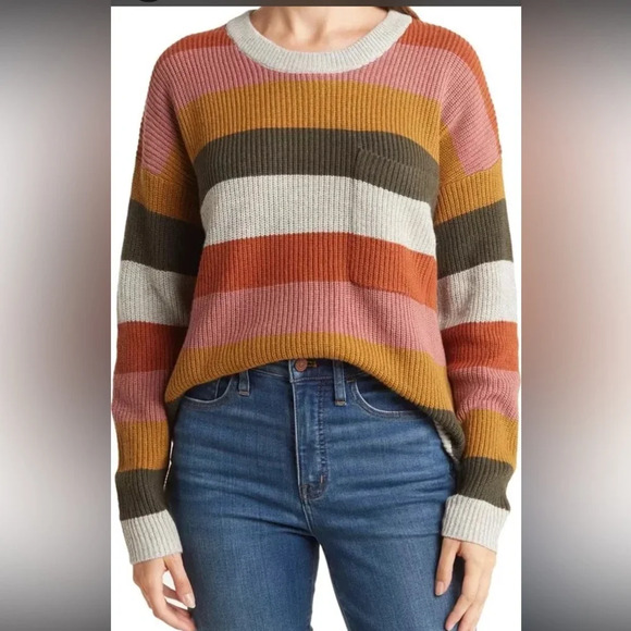 Madewell Thompson Pocket Pullover Sweater in Rainbow Stripe Size Small - Picture 1 of 6